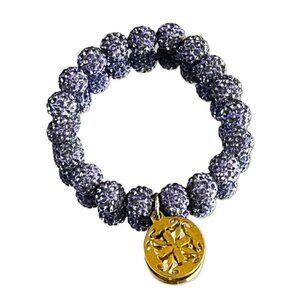 Rustic Cuff  Lavender Shambala Pave Rhinestone Stretch Goldtone Logo Bracelet